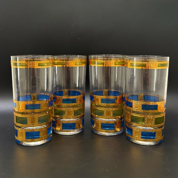 Set of 4 Vintage MCM MidMod CULVER Empress Blue Green 22K Gold Highball Glasses - Picture 3 of 16